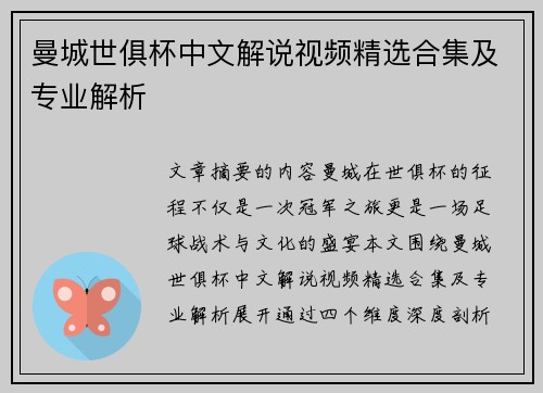 曼城世俱杯中文解说视频精选合集及专业解析